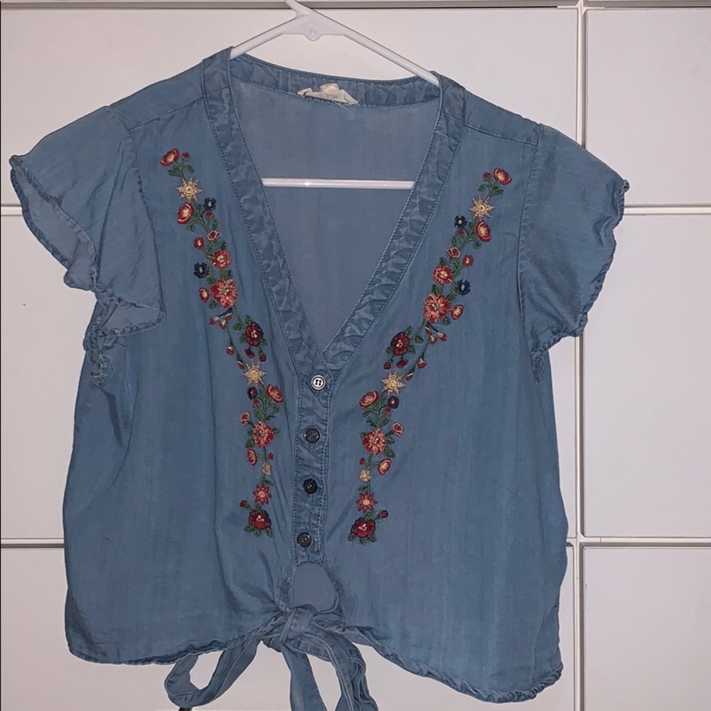 Blue button down top